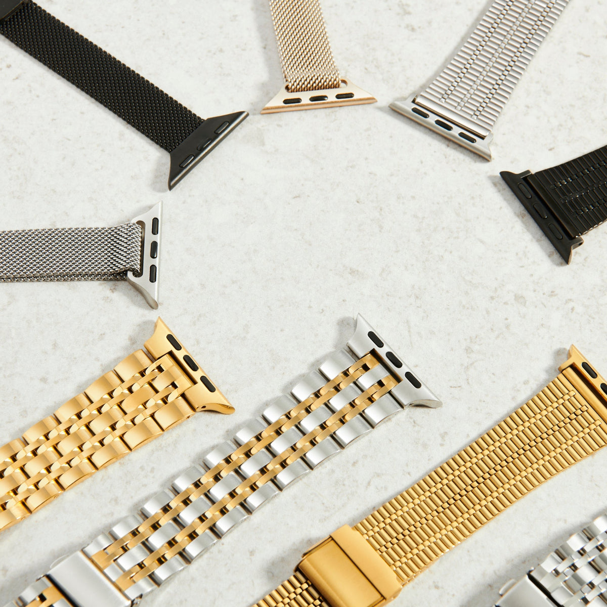 Set of sustainable surgical steel apple watch band silver gold black MIAJWL ensemble bracelet montre intelligente acier chirurgical durable argent or noir Mia Bijoux