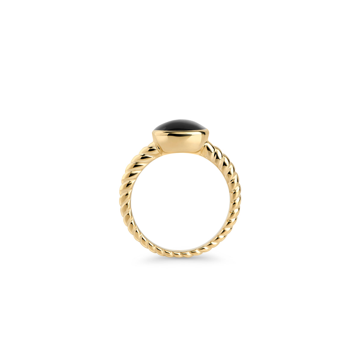 Gold stainless steel ring with black gemstone, twisted band design with polished oval stone, bold minimalist statement ring with modern elegant style.