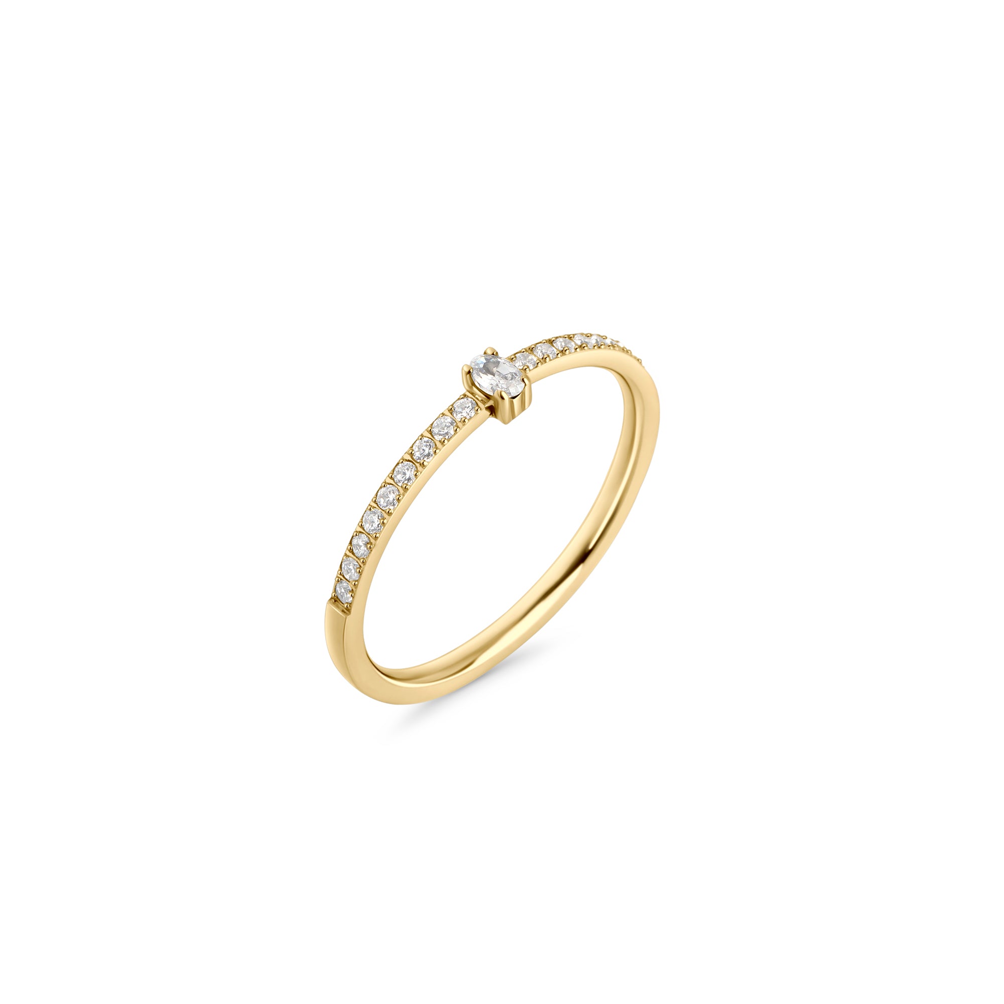 Gold stainless steel pavé ring with round cubic zirconia center stone, delicate minimalist band, hypoallergenic non-tarnish durable jewelry, elegant modern stacking ring for everyday wear.
