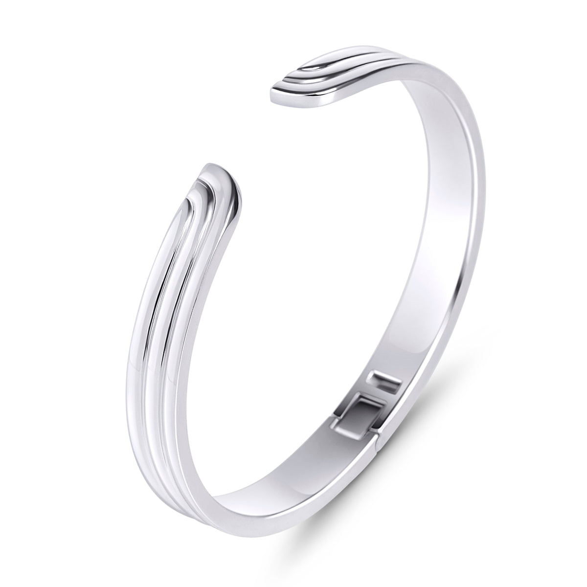 Open silver bangle bracelet with grooved wave-shaped ends on a white background. Waterproof, stainless steel and allergy free. By Mia Bijoux Canada.

Bracelet jonc ouvert argenté aux extrémités rainurées en forme de vagues sur fond blanc. Résistant à l'eau, en acier inoxydable et hypoallergénique. Par Mia Bijoux Canada.