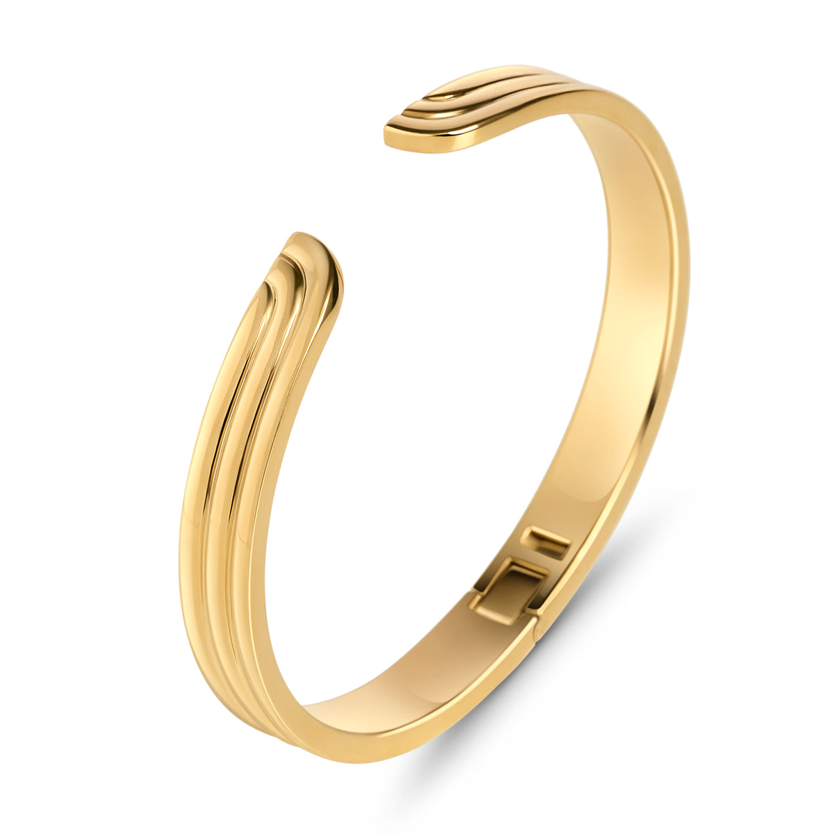 Open gold bangle bracelet with grooved wave-shaped ends on a white background. Waterproof, stainless steel and allergy free. By Mia Bijoux Canada.

Bracelet jonc ouvert doré aux extrémités rainurées en forme de vagues sur fond blanc. Résistant à l'eau, en acier inoxydable et hypoallergénique. Par Mia Bijoux Canada.