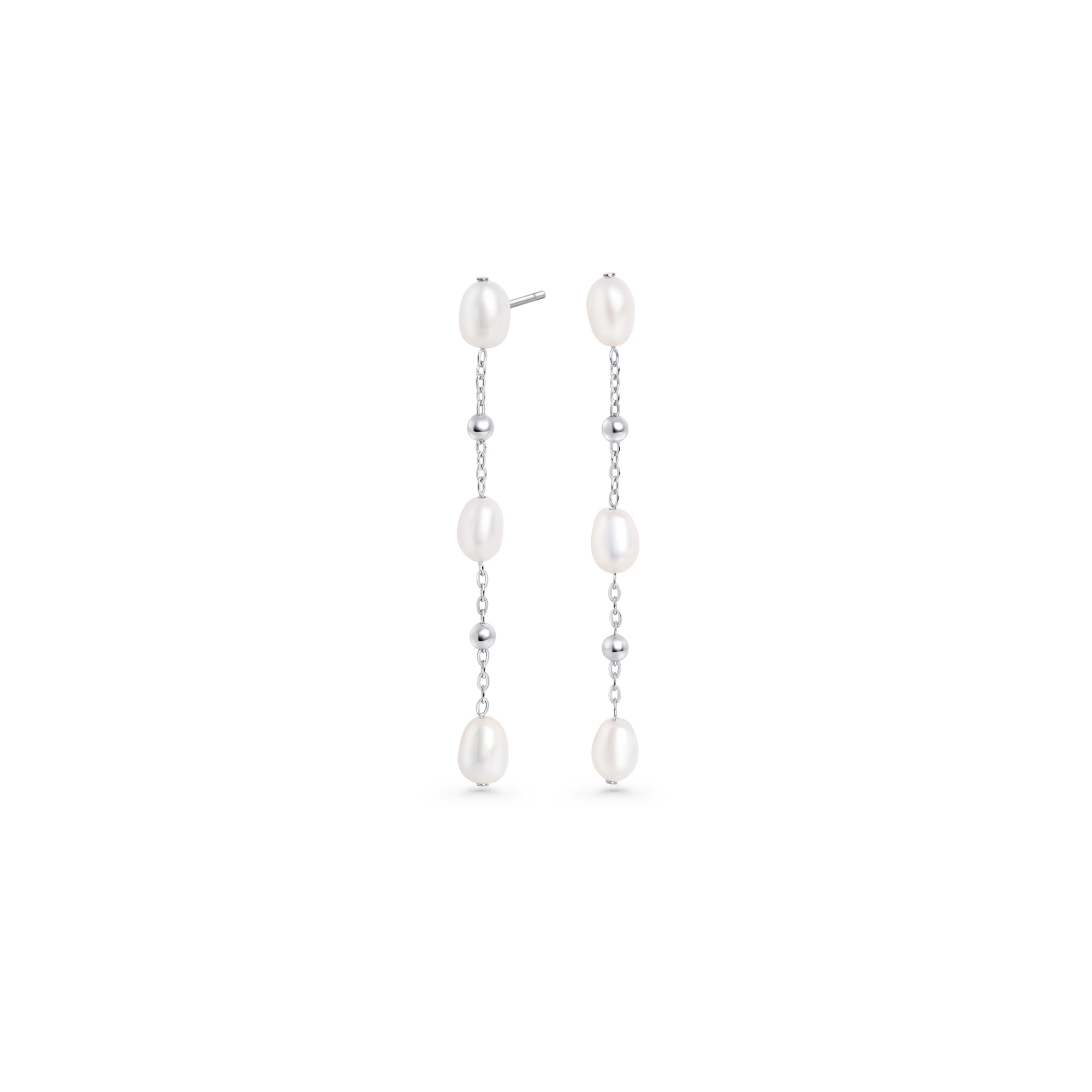 Hypoallergenic stainless steel pearl drop earrings for sensitive ears, tarnish-free silver jewelry in Canada, elegant long chain pearl earrings for women.