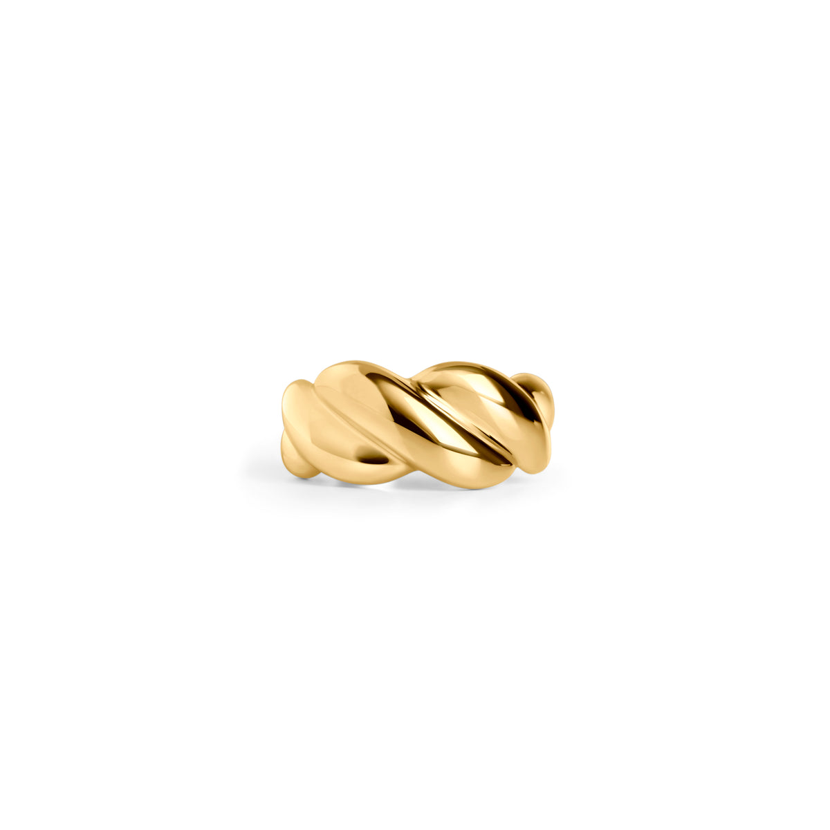 Front view of a polished gold ring with a wide twisted braid design on a white background. Nickel-free, waterproof & tarnish-resistant stainless steel ring for sensitive skin, minimalist luxury jewelry by Mia Bijoux Canada.

Vue de face d'une bague dorée polie au design large torsadé sur fond blanc. Bague en acier inoxydable sans nickel, résistante à l'eau et anti-ternissement pour peaux sensibles, bijouterie de luxe minimaliste par Mia Bijoux Canada.