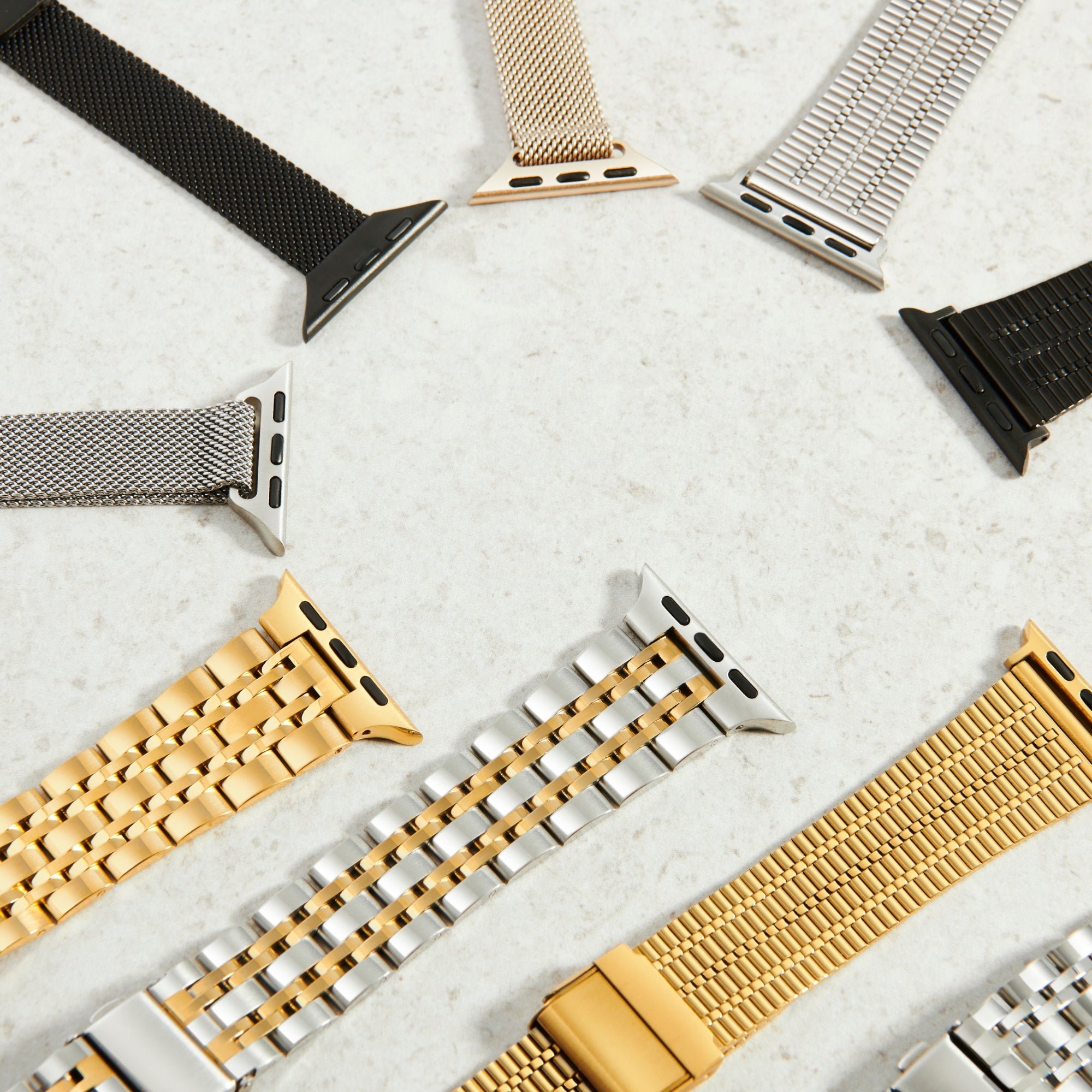 Set of sustainable surgical steel apple watch band silver gold black MIAJWL ensemble bracelet montre intelligente acier chirurgical durable argent or noir Mia Bijoux