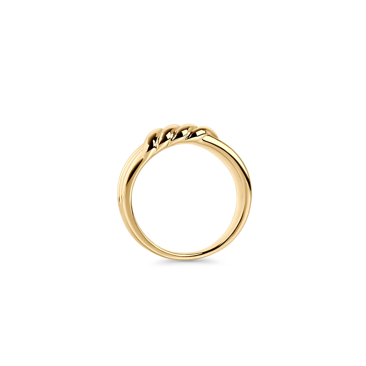 Gold stainless steel ribbed statement ring, sculptural textured band design, hypoallergenic non-tarnish durable jewelry, bold modern fashion ring for everyday wear.

