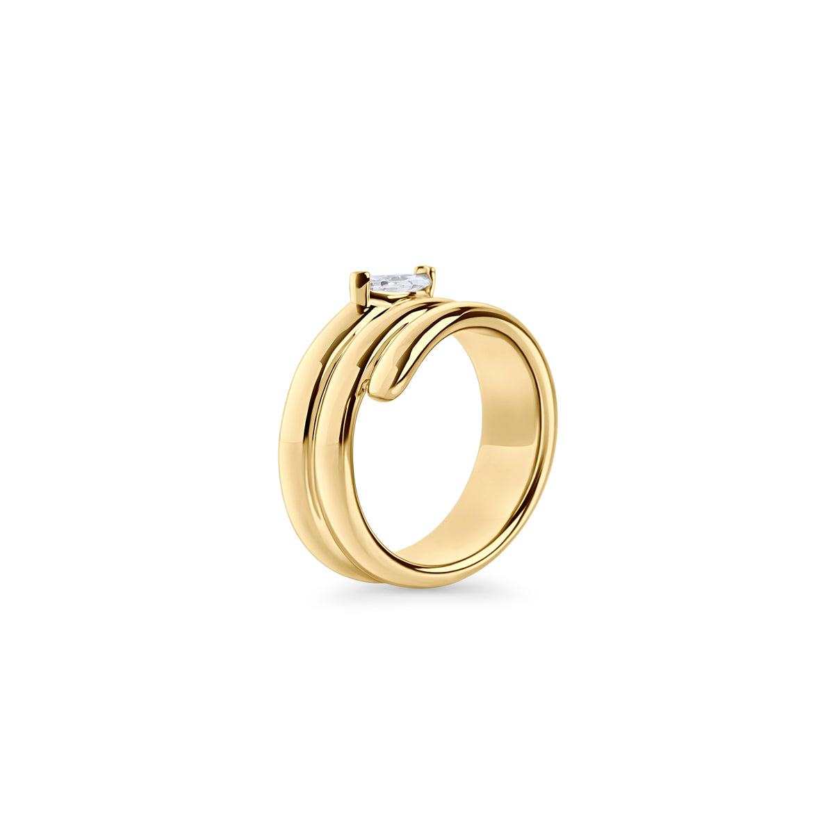 Gold stainless steel sculptural ring with marquise-cut cubic zirconia, modern layered band design, hypoallergenic non-tarnish durable ring, elegant contemporary statement jewelry.

