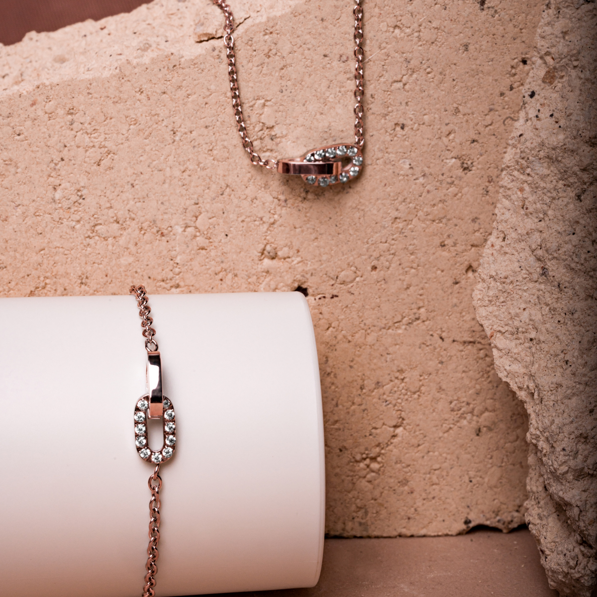  Spirit Pendant Necklace 2 Links Rose gold Stainless Steel with Stones Hypoallergenic and Tarnish Resistant MIA JWL